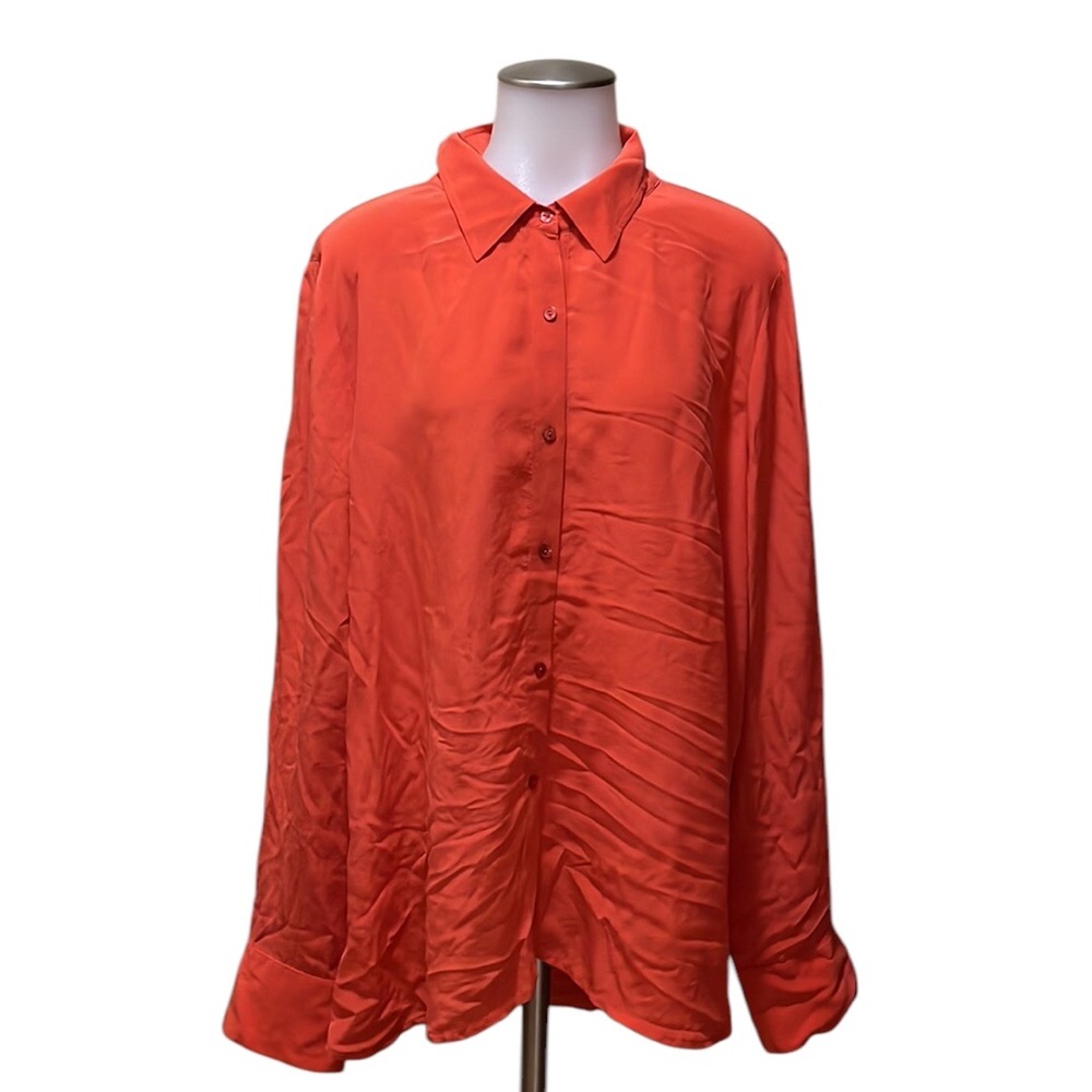 Eileen Fisher 100% Silk Blouse Size L~Coral~Button Down